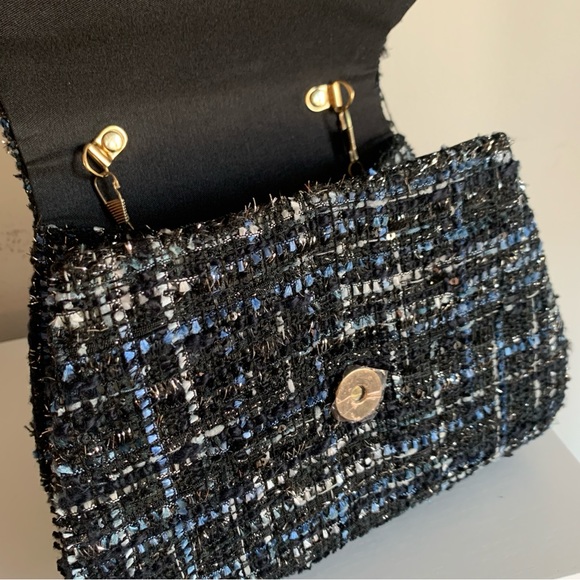 Mini Tweed Blue Black White Fabric Gold Chain Link Shoulder Handbag - Picture 11 of 14